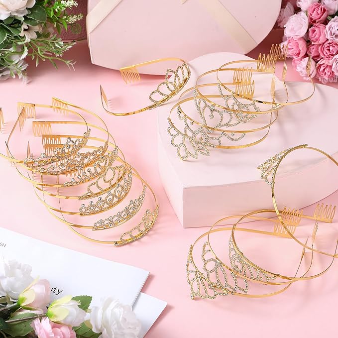 Lyrow 30 Pcs Tiara Crowns for Women Bulk Galentines Day Party Favors Crystal Queen Crowns with Comb Headband Princess Tiaras for Birthday Wedding Halloween Christmas (Gold)