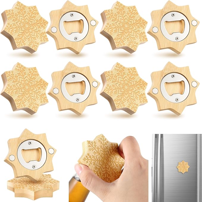 Vesici 12 Pcs Magnetic Bottle Opener 2.5in DIY Bamboo Snowflake Shape Beer Openers Wooden Fridge Magnet Refrigerator Sticker Gift for Beer Lover Wedding Guest Kitchens Bars Parties