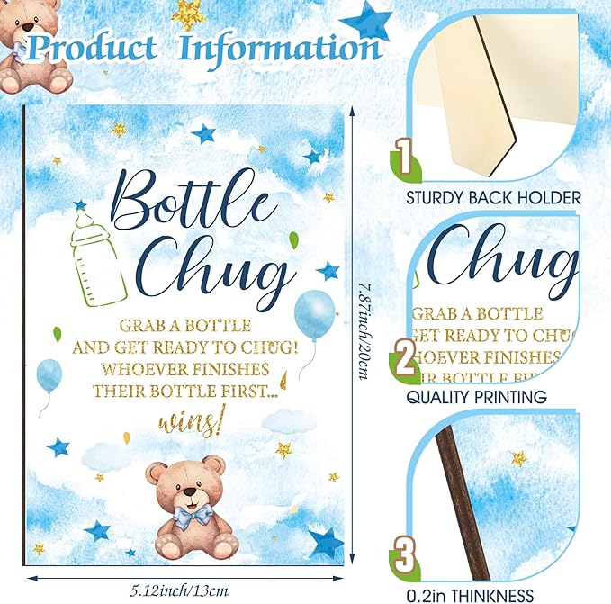 TrelaCo Cool Baby Shower Games Bottle Chug Sign Wooden Blue Bear Theme Gift Sets Gender Reveal Party Favors and 12 Pcs Baby Bottle Shower Favor for Gender Reveal