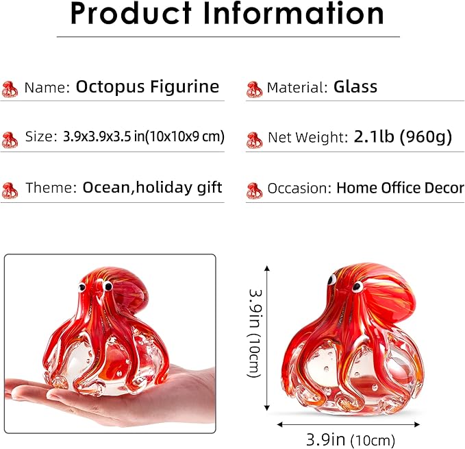 EUSTUMA Hand Blown Glass Octopus Figurine Ornament,Sea Animal Ornament for Fish Tank Aquarium,Sea Animals Collection for Birthday Gift,Glass Office Paperweight for Desk.