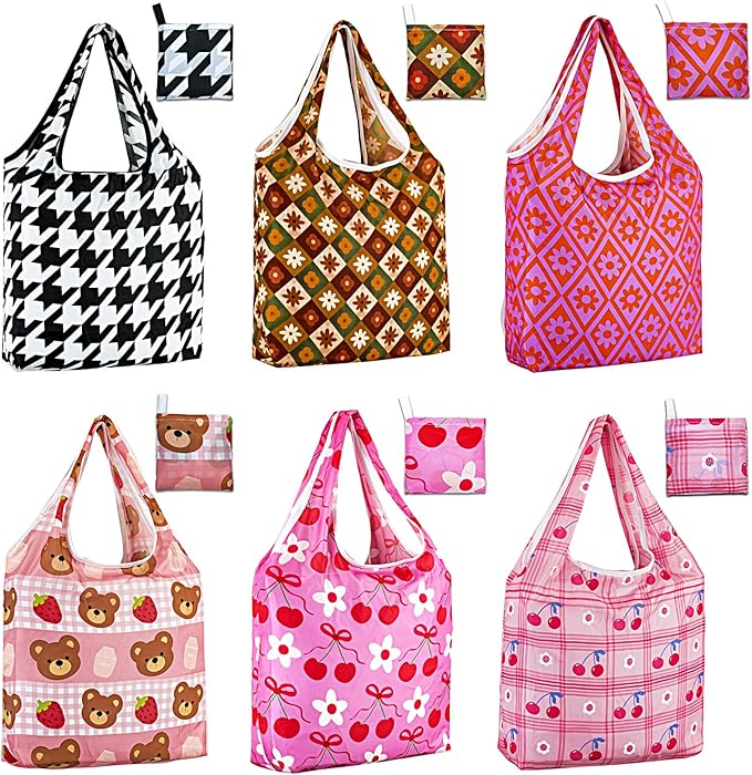 LOLOMLO 6 Pack Eco-Friendly Reusable Grocery Bags Lightweight Durable Washable Shopping Tote Foldable Outings Storage Pouch