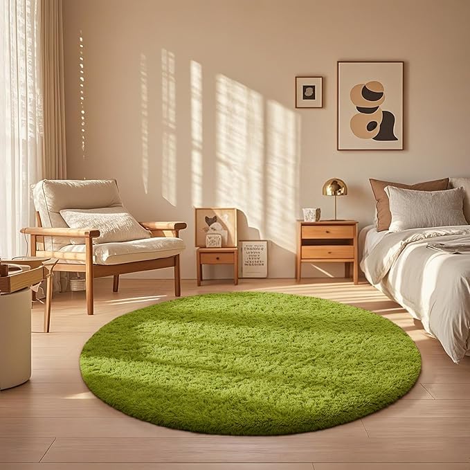 Ophanie Round Rug 4Ft Green Circle Area Rug, Green Room Decor, Fluffy Fuzzy Bedroom Carpet, Plush Soft Shaggy Living Room Rugs for Kids Home Decor Aesthetic, Nursery