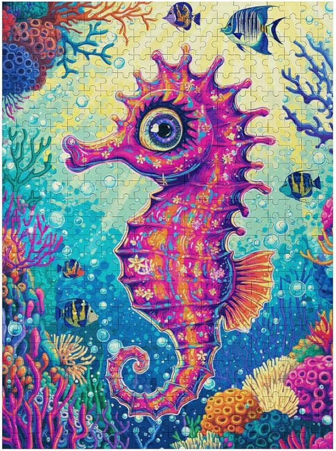 Colored Seahorse Wooden Puzzle 500 Pieces Jigsaw Puzzles for Adults Puzzle Educational Toys Challenging Fun Games Gifts for Elders Kids Family and Friends