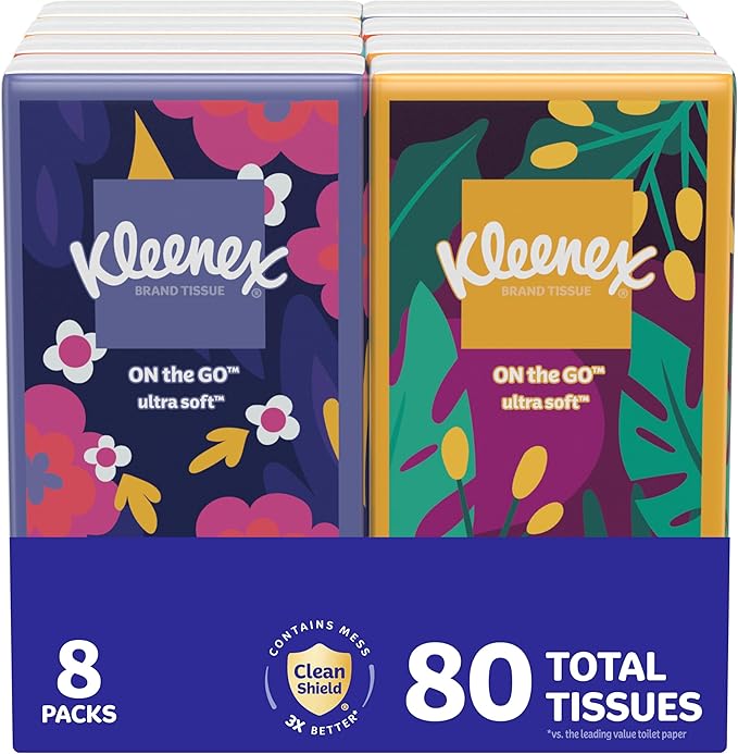 Kleenex On-The-Go Facial Tissues, 8 On-The-Go Packs, 10 Tissues per Box, 3-Ply (80 Total), Packaging May Vary