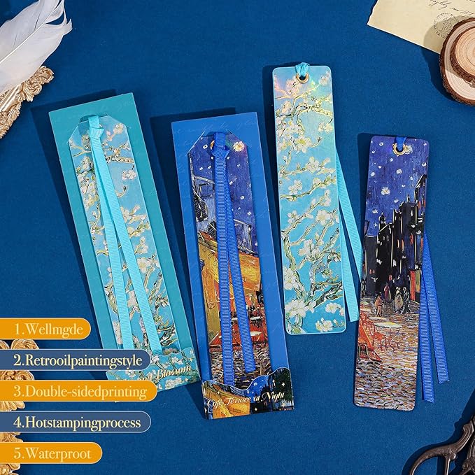 2Pcs Oil Painting Bookmarks for Women, Bookmarks Set for Book Lover, Book Marks for Reading, Vintage Book Marks for Kids Students Classroom Gift for Teacher Night Cafe & Apricot Blossoms