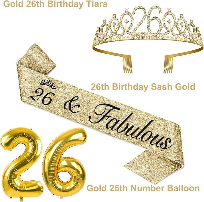 26th Birthday Decorations for Women Gold Set with 26th Birthday Tiara and Sash, Cake Topper and Candles, Number Balloons, 26 Year Old Gifts for Women