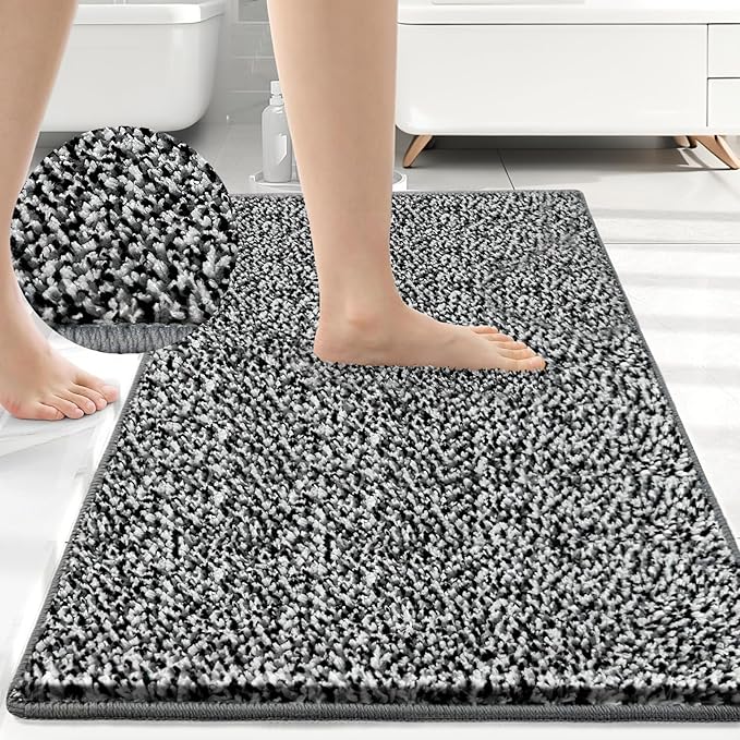 HDFK Bathroom Rugs | Non Slip Washable Bath Mats 30x20 Inches 2 Tone Chenille Medium Pile Floor Mat | Water Absorbent Grey and White Decor | Shower Rug for Shower Wet Dry Zone & Home