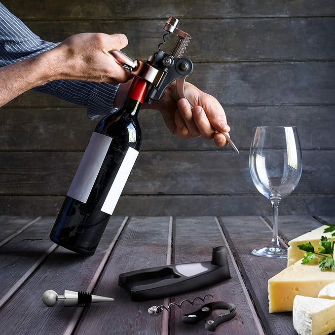 Wine Bottle Opener Corkscrew Set – Luxiluxy [2024 upgraded, does NOT break!] Including Foil Cutter, Bottle Stopper, Opener Stand and Extra Spiral - corkscrews wine opener set- wine opener kit