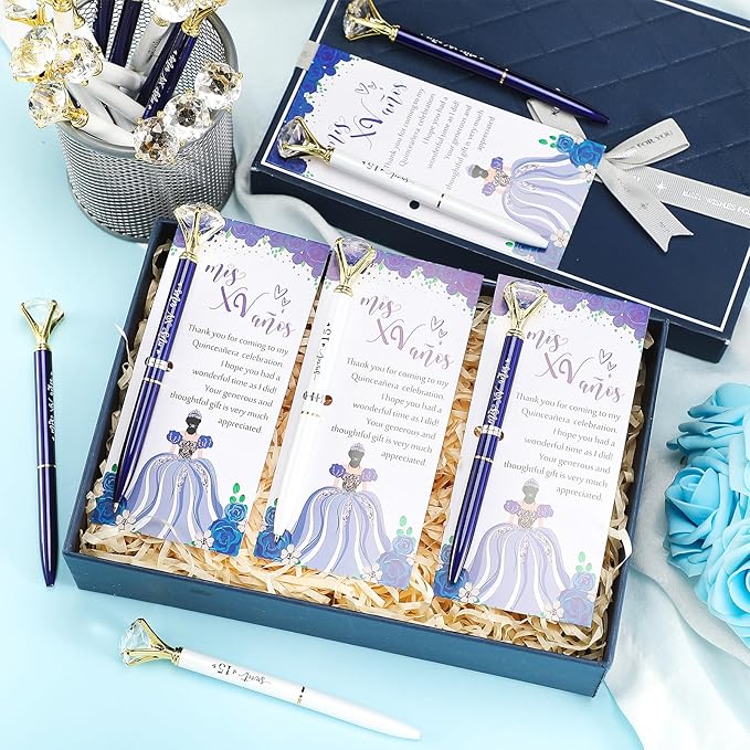 50 Set Quinceanera Party Favors for Guest Sweet 15 Diamond Pens Bulk Mis XV Años Fancy Ballpoint Pen with Thank You Cards and Ties 15th Birthday Thank You Gifts(White, Royal Blue)