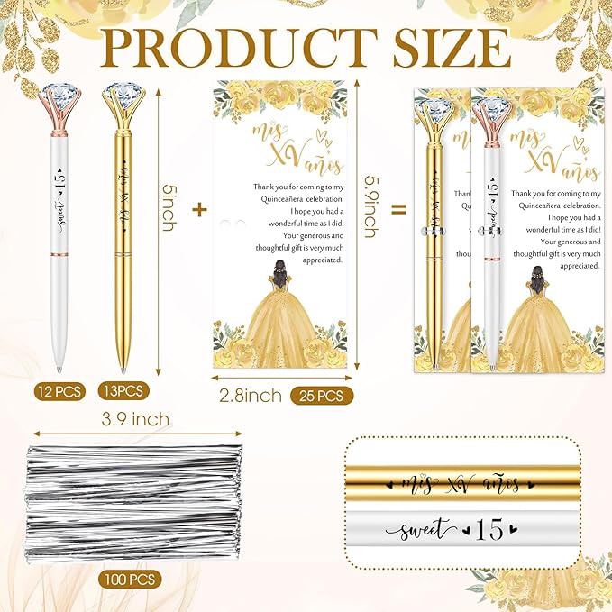 25 Set Quinceanera Party Favors for Guest Sweet 15 Diamond Pens Bulk Mis XV Años Fancy Ballpoint Pen with Thank You Cards and Ties 15th Birthday Thank You Gifts(White, Gold)