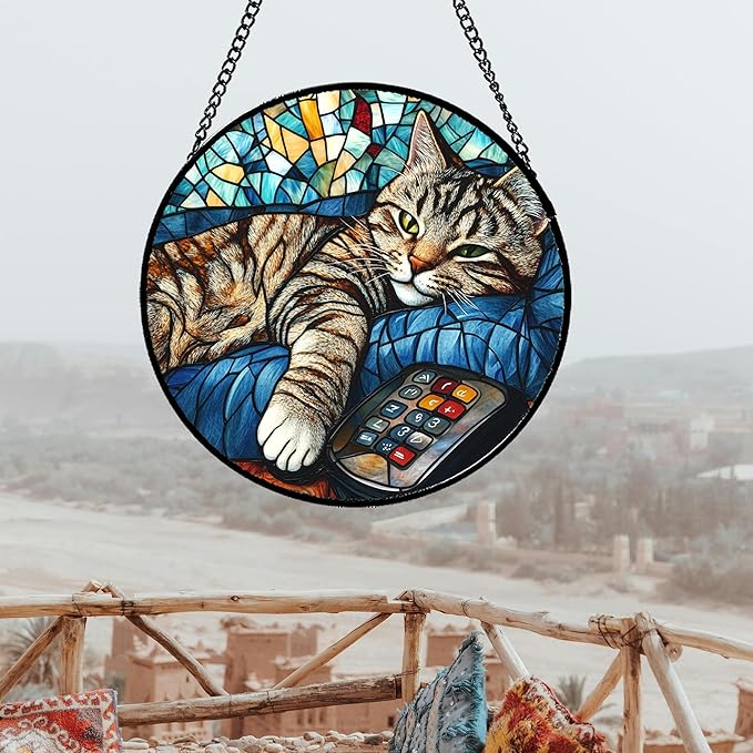 Stained Glass Window Hanging Gray Cat and Remote Control 9.8" - Suncatcher Door Garden Kitchen Sun Catcher Home Decor Birthday for Lost Pets Mom Men Woman Friend Grandma
