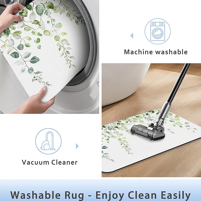 Vintage Eucalyptus Leaves Bath Mat 29.5"x17",Slim Low-Profile Fast Drying Super Absorbent Bathroom Rug with Non-Slip Backing, Easy-Clean Modern Floor Mat for Tub, Shower, or Entryway