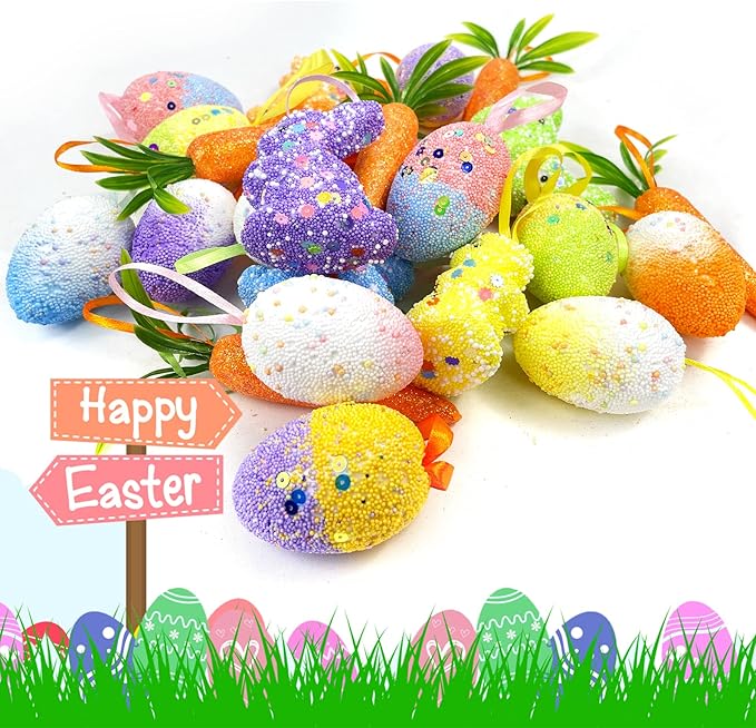 24 Pack Easter Egg Ornament Easter Colorful Rabbit Carrot Eggs Foam Easter Tree Decoration for Easter Spring Party