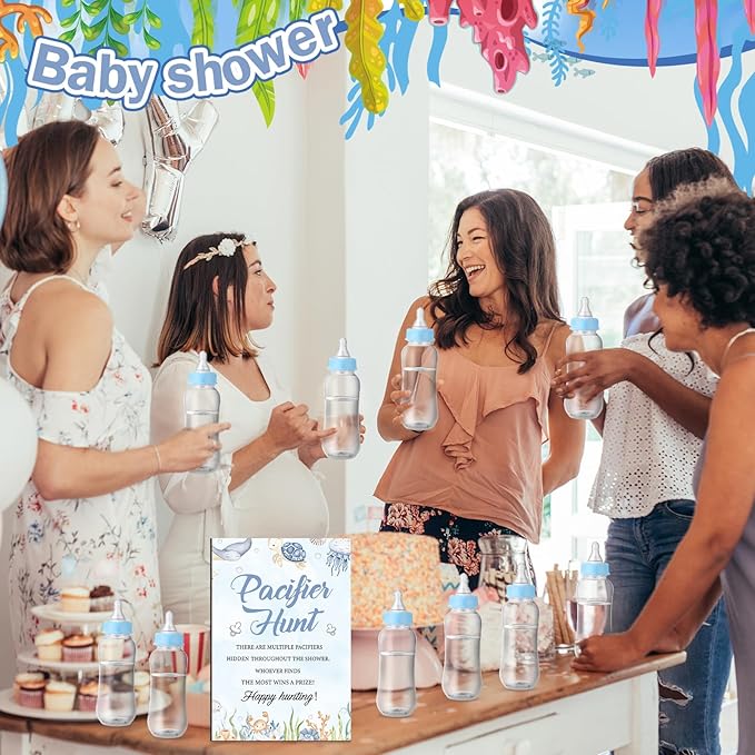 TrelaCo Cool Baby Shower Games Bottle Chug Sign and 12 Pcs Baby Bottle Shower Favor Bottles for Gender Reveal Games (Blue, Under the Sea)
