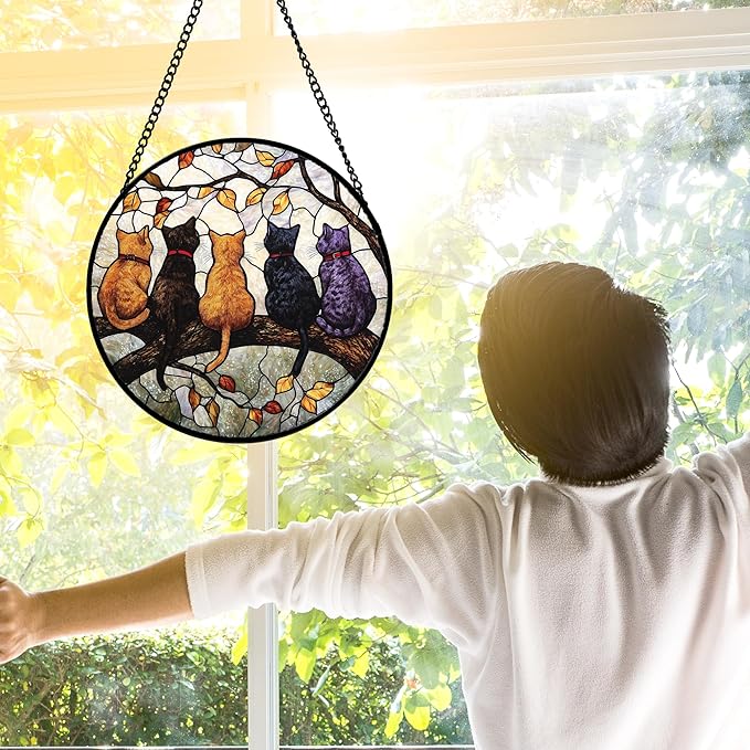Stained Glass Window Hanging - 5 Cats on a Branch Suncatcher for Window Doors Home Decoration and Christmas, Mother's Day Father's Day Birthday Gifts for Women, Men, and Mom 7.8x7.8 in