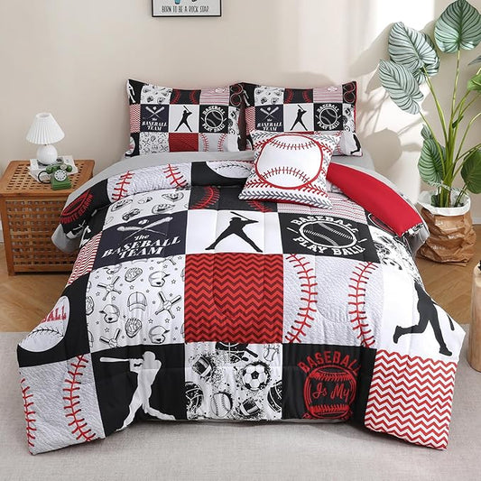 6 Pcs Baseball Twin Bedding Sets Sports Twin Size Comforter Set with Sheets for Boys Kids Teens
