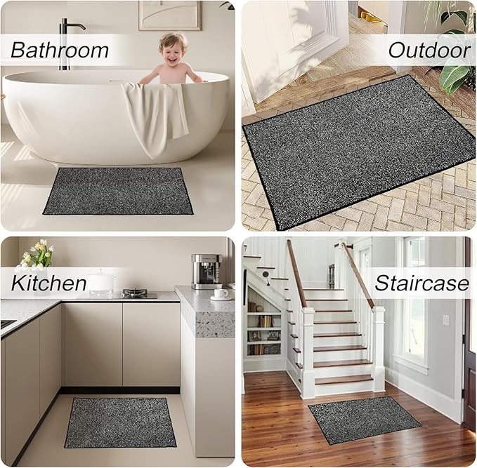HDFK Bathroom Rugs | Non Slip Washable Bath Mats 24x16 Inches 2 Tone Plush Chenille Medium Pile Floor Mat | Ultra Absorbent Shower Rug | Black and White Stain Hiding for Wet Dry Transition Zone