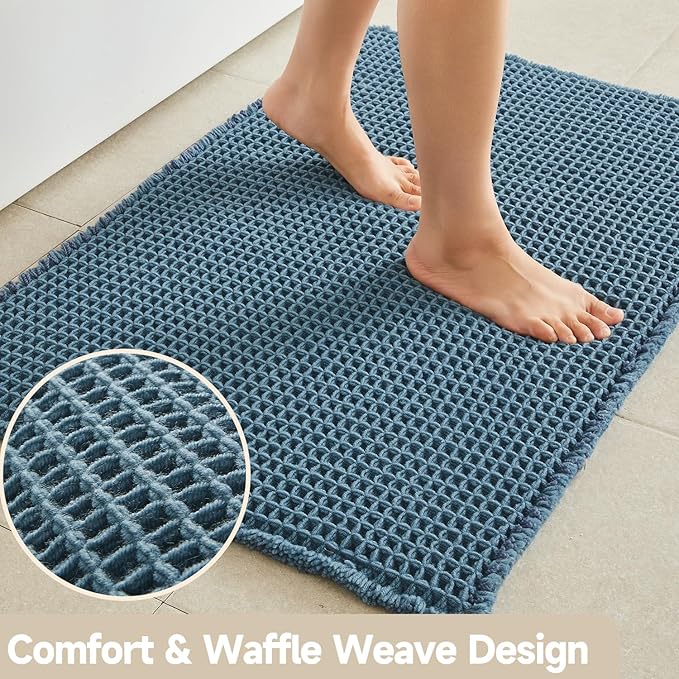 Waffle Bath Mat, Boho Bathroom Rugs Non Slip Washable Super Absorbent Quick Dry Bath Mat Farmhouse Bathroom Decor, 30"x20" Denim Blue