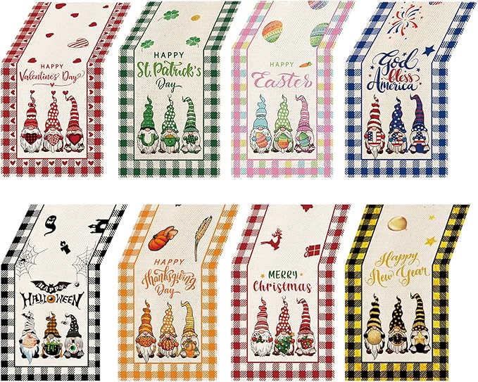 8 Pcs Gnomes Holiday Table Runner 72 Inches Long, Plaid Valentines Day St Patricks Day Easter 4th of July Halloween Thanksgiving Day New Year Christmas Burlap Table Decor for Home Farmhouse