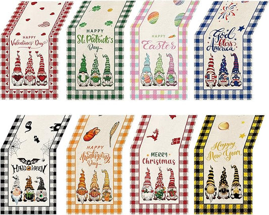 8 Pcs Gnomes Holiday Table Runner 72 Inches Long, Plaid Valentines Day St Patricks Day Easter 4th of July Halloween Thanksgiving Day New Year Christmas Burlap Table Decor for Home Farmhouse