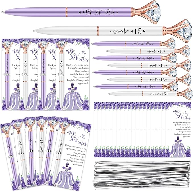50 Set Quinceanera Party Favors for Guest Sweet 15 Diamond Pens Bulk Mis XV Años Fancy Ballpoint Pen with Thank You Cards and Ties 15th Birthday Thank You Gifts(Purple, White)