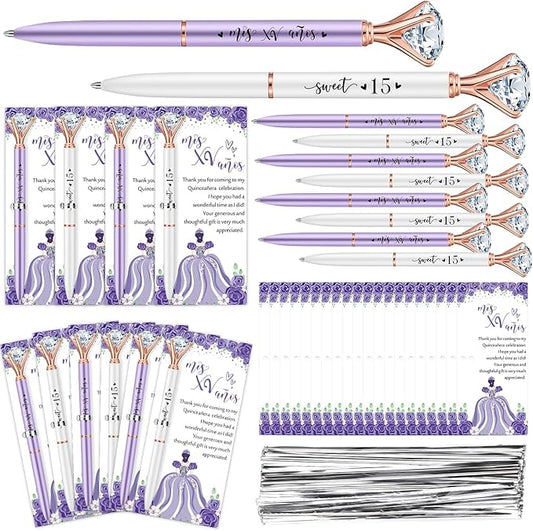 50 Set Quinceanera Party Favors for Guest Sweet 15 Diamond Pens Bulk Mis XV Años Fancy Ballpoint Pen with Thank You Cards and Ties 15th Birthday Thank You Gifts(Purple, White)