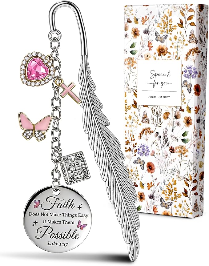 Buleens Bookmarks for Women Reading - Book Marks for Readers Book Lovers, Feather Faith Cross Butterfly Personalized Metal Bookmark with Pendants, Pretty and Aesthetic Book Accessories Reading Gifts