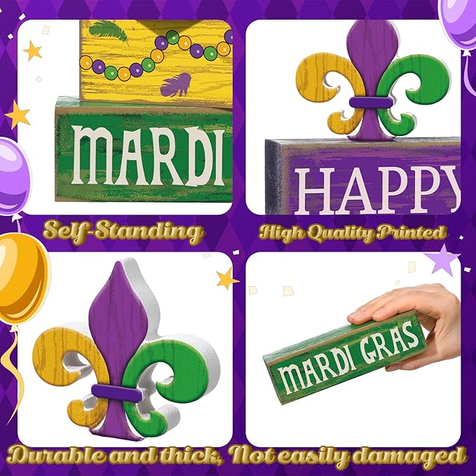 4 Pcs Mardi Gras Decorations Mardi Gras Wooden Sign Carnival Table Centerpiece Carnival Tiered Tray Decor Decorative Faux Book Stack Block for Masquerade Party Fireplace Mantel Shelf