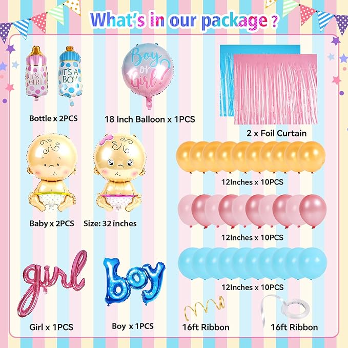 Baby Gender Reveal Balloons Party Decorations Supplies, Baby Shower Balloons Party Decorations, Pink, Blue, Yellow Latex Balloons, Shaped Balloons, Cupcake toppers, Foil curtains. Boy or Girl party
