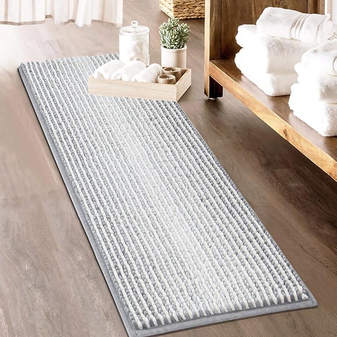 HDFK Bath Mat & Bathroom Rug - Wide Chenille Soft, Super Absorbent Non-Slip Shower Carpet Machine Washable with Hot Melt Adhesive Base, Striped Design for Bathtub Floors (47x20 Inch, Gray & White)