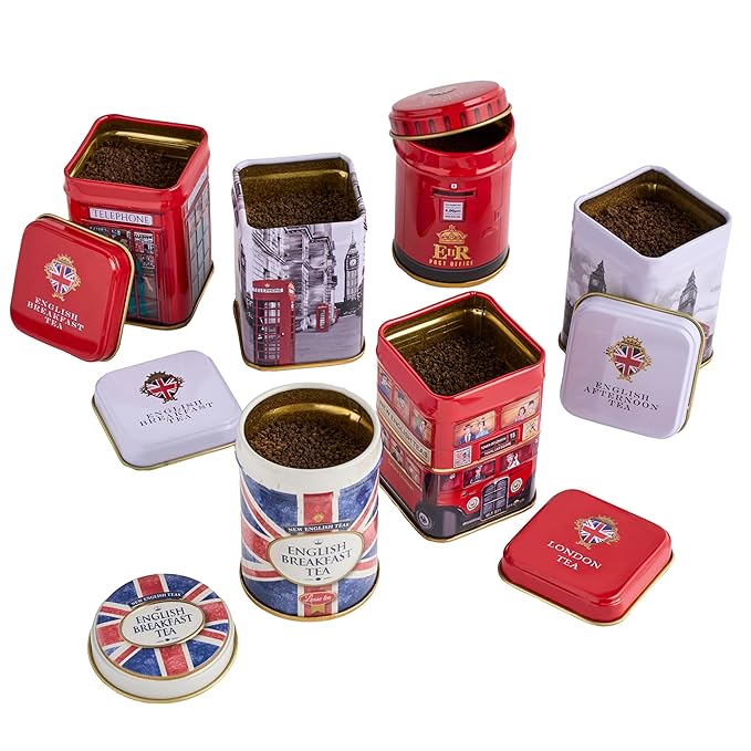 New English Teas British Icons 6x Tea Tin Gift Pack with 5 oz Loose English Tea - Union Jack, London Bus and Phone Box, UK Souvenir