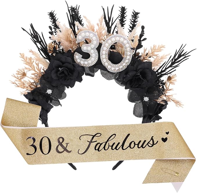Flower Black Birthday Headband - Dark Happy Birthday Crown and Sash Set for Women Fabulous Party Accessories