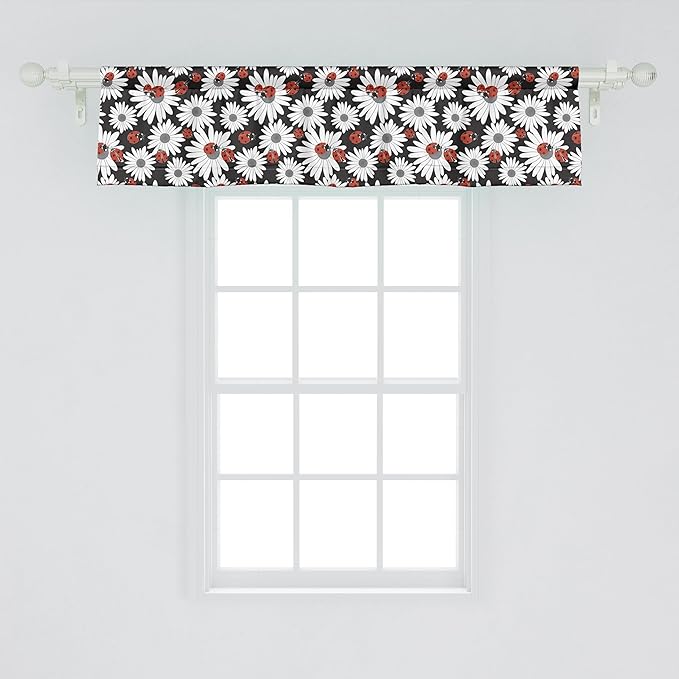 Ambesonne Ladybug Window Valance Pack of 2, Insects Chamomile Bouquets Spring Inspired Flourishing Revival Theme, Rod Pocket Curtain Valances for Kitchen Bedroom, 42" X 12", Dark Coral Black Grey