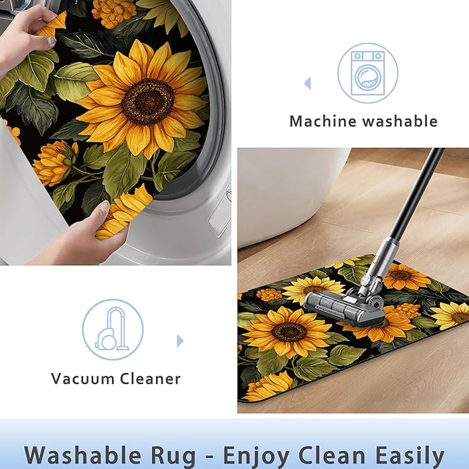 Retro Sunflowers Fast Drying Absorbent Bathroom Mat, Non-Slip Rubber Backing Thin Low-Profile Bath Rug, Easy-Clean Bathroom Floor Mat for Shower, Bathtub, Kitchen, or Entryway