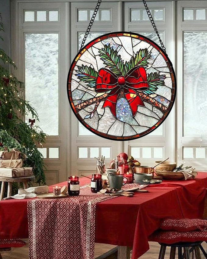 Stained Glass Window Hanging - Pine Branches Red Bow Suncatcher for Doors Home Christmas Decoration Silver Sun Catcher Thanksgiving New Year Birthday Gifts for Women Men Mom Nana 11.8 in