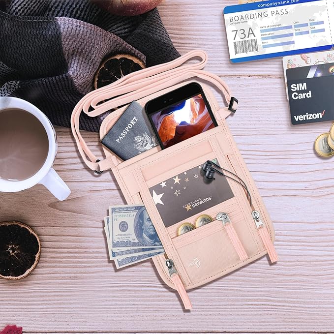 WALNEW Passport Holder Neck Pouch Travel Wallet for Women and Men, RFID Blocking Security Slim Traveling Wallet with Around Neck Lanyard Strap