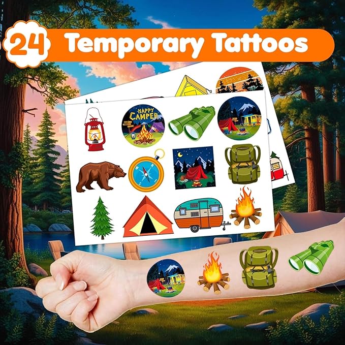 36PCS Camping Party Favors - 24PCS Temporary Tattoos & 12PCS Stamps - Ideal Adventure Themed Birthday Card Decorations Supplies Goodie Bag Cute Rewards for Boys Girls Classroom Gifts Baby Shower