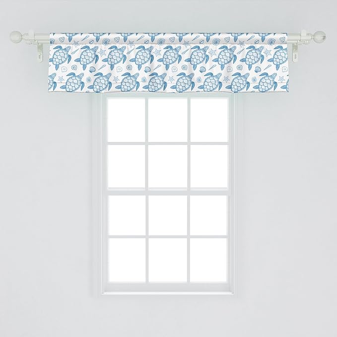 Ambesonne Turtle Window Valance Pack of 2, Subaquatic Animals Illustration Monochrome Sea Turtle and Shells Ocean Elements, Rod Pocket Curtain Valances for Kitchen Bedroom, 42" X 12", Blue and White