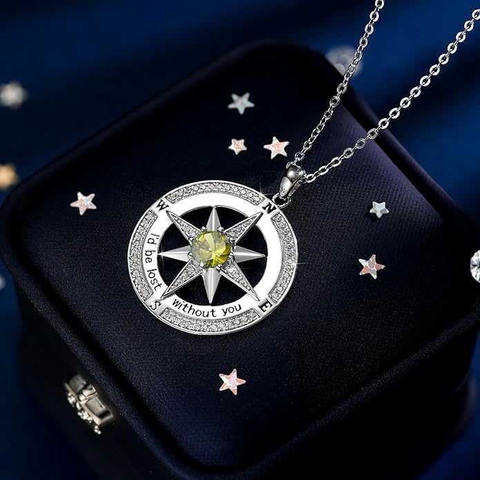 S925 Necklace Birthstone Compass Gift for Women Jewelry Sterling Silver Necklace for Wife Wedding Anniversary Girlfriend Birthday Gifts for Her Valentines Day Mom Mothers Day