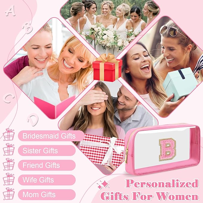 Personalized Initial Letter Clear Makeup Bag,Preppy Small Nylon&PVC Cosmetic Zipper Bag with Chenille Letter,Portable Beach Travel Skincare Toiletry Bag,Trendy Monogram Gift for Teen Girls Women,B