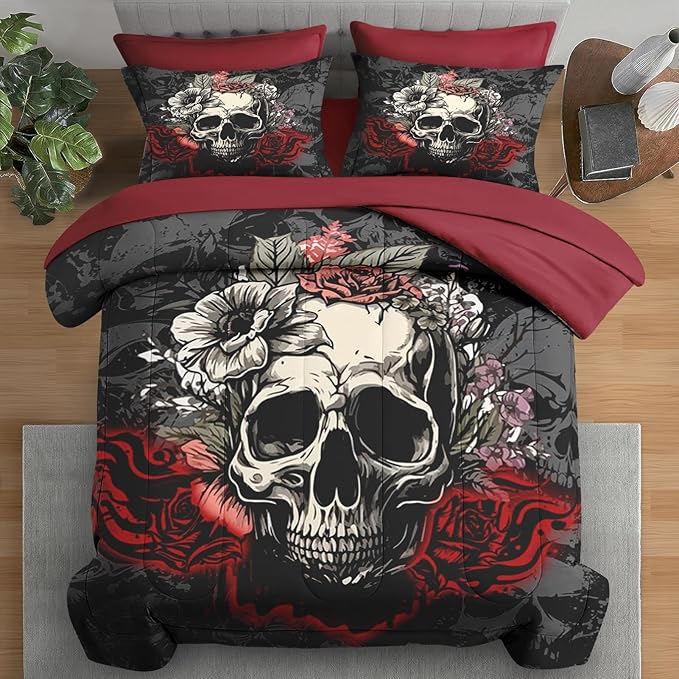 Comforter Set King Size, Rose Vintage 7 Pcs Bedding for Adults, Rock Roll Bone Death Bed Sheet Sets with Fitted Sheet 2 Pillowcases & 2 Shams for Bedroom Bed Decor