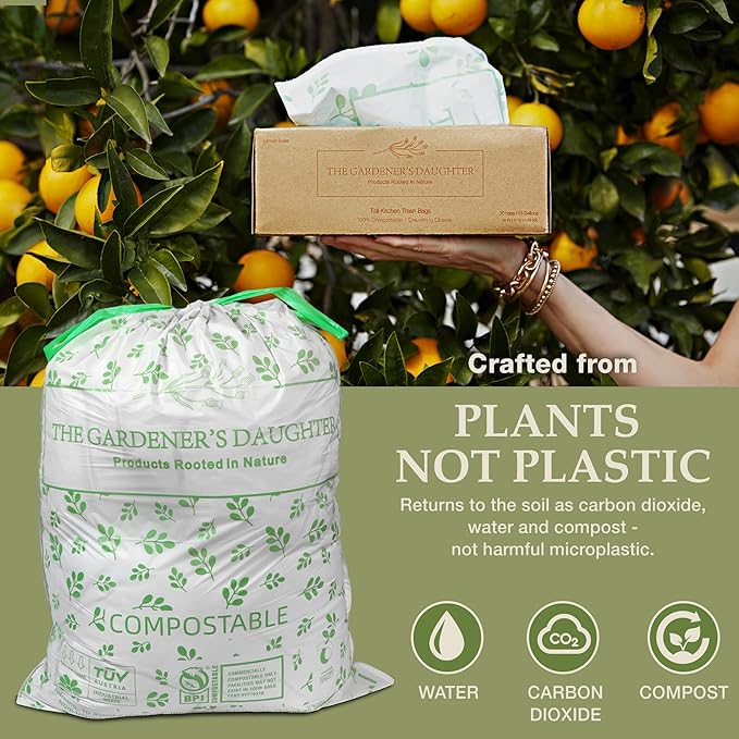 Limited Edition Fall Maple Leaf – Compostable Trash Bags by The Gardener's Daughter, 13 Gallon, 30 Count, White, Extra Strength, Drawstring Kitchen Waste Bag – BPI & TUV Certified