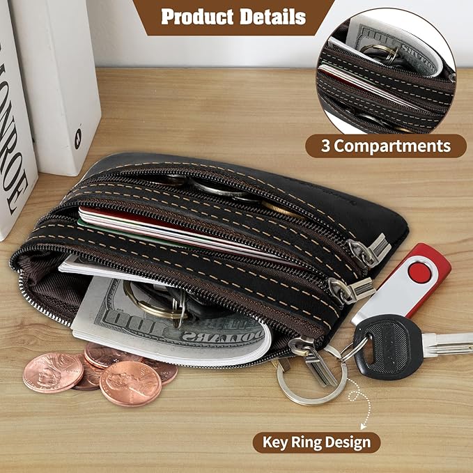 Jack&Chris Coin Purse Pouch for Men, Genuine Leather Coin Purse Zipper Pocket with Keychain Ring, Coin Bag for Men,JC301-Black