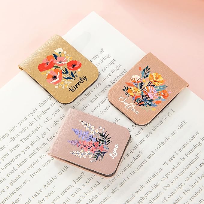 callie Personalized Magnet Bookmark Clips - Custom Birth Flower & Name, Leather Magnetic Book Page Marks for Reading, Gifts for Women Men Book Lovers