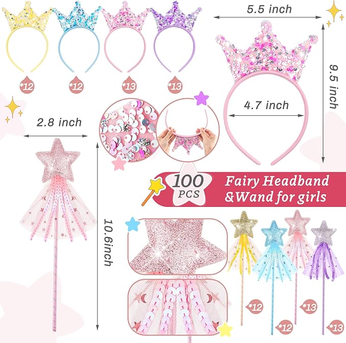 48 Pcs Princess Party Favors Including 24 Glitter Star Fairy Wands and 24 Sequin Princess Crown Headbands for Girls Birthday Party Gifts