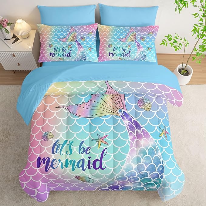 7Pcs Mermaid Tail Comforter Set Rainbow Scales Printed Bedding Set with 1 Comforter, 1 Flat Sheet, 1 Fitted Sheet and 4 Pillowcases for Girls Bedroom All Season(Twin)