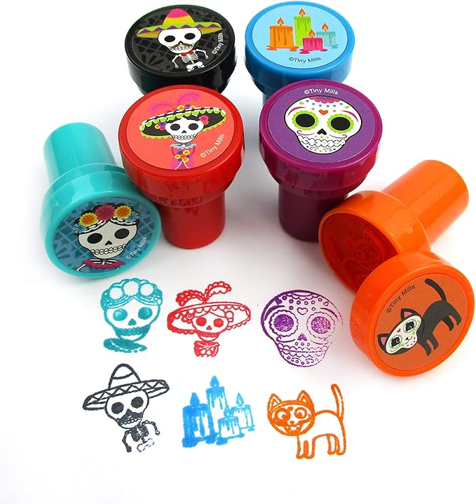 TINYMILLS Day of The Dead Stamp Set – 24 Pcs Self-Inking Stamper Kit with Sugar Skull & Floral Designs Día de Los Muertos Party Favors, Classroom Prizes, Non-Candy Goodie Bag Fillers