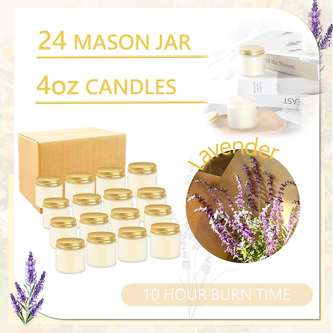 ACITHGL 24 Pcs Frosted Glass 4oz Mini Mason Jar Candles Small Lavender Scented Candles Bulk Aromatherapy Ideal Souvenir Favors for Wedding Birthday Party (Gold, Frosted, 24)