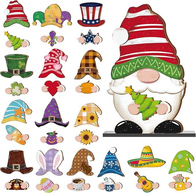Blulu 32 Pcs Christmas Interchangeable Wooden Gnome Decor DIY Holiday Christmas Seasonal Tiered Tray Decoration Gnomes with Magnet Pieces Welcome Sign for Xmas Holiday Decorations (Bright)