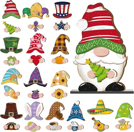 Blulu 32 Pcs Christmas Interchangeable Wooden Gnome Decor DIY Holiday Christmas Seasonal Tiered Tray Decoration Gnomes with Magnet Pieces Welcome Sign for Xmas Holiday Decorations (Bright)